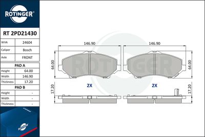 Zestaw klocków hamulcowych, hamulce tarczowe ROTINGER RT 2PD21430