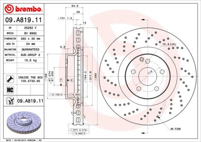 Тормозной диск BREMBO 09.A819.11 для MERCEDES-BENZ SLC
