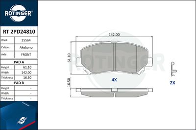 комплект спирачно феродо, дискови спирачки ROTINGER RT 2PD24810