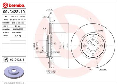 Тормозной диск BREMBO 09.C422.11 для FORD B-MAX