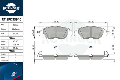 комплект спирачно феродо, дискови спирачки ROTINGER RT 1PD33940
