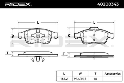 комплект спирачно феродо, дискови спирачки RIDEX 402B0343