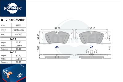 комплект спирачно феродо, дискови спирачки ROTINGER RT 2PD19259HP