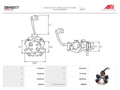 Børsteholder, starter AUTOSTARTER SBH5017 for MITSUBISHI, MAZDA, FIAT