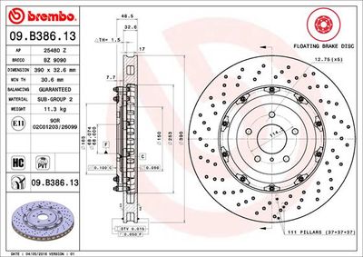 Тормозной диск BREMBO 09.B386.13 для NISSAN GT-R