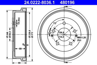 Тормозной барабан ATE 24.0222-8036.1 для DAIHATSU TERIOS