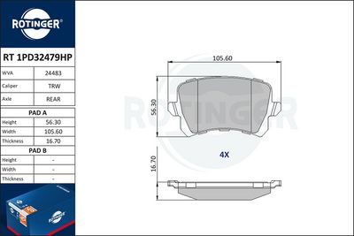 Zestaw klocków hamulcowych, hamulce tarczowe ROTINGER RT1PD32479HP