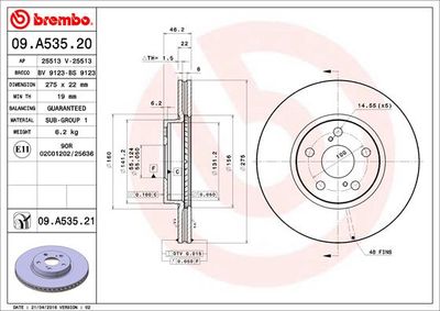 Тормозной диск BREMBO 09.A535.21 для TOYOTA PREMIO