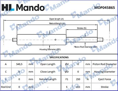 Sprężyna gazowa, pokrywa bagażnika MANDO MOP045865