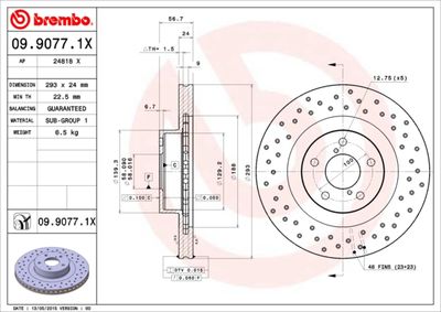 BREMBO 09.9077.1X Тормозные диски  для SUBARU OUTBACK (Субару Оутбакk)