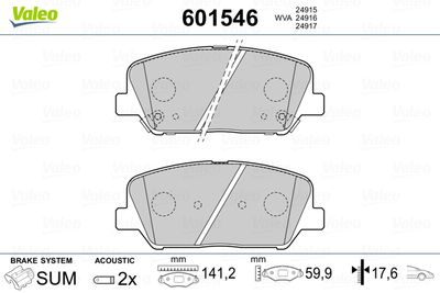 Комплект тормозных колодок, дисковый тормоз VALEO 601546 для HYUNDAI GRANDEUR