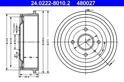 Тормозной барабан ATE 24.0222-8010.2 для FORD CAPRI