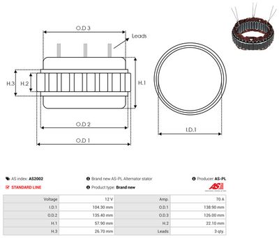 Stator, generator AS-PL AS2002 för HITACHI