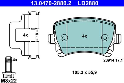 Комплект тормозных колодок, дисковый тормоз ATE 13.0470-2880.2 для VW SHARAN