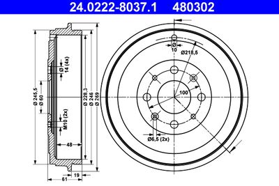 Тормозной барабан ATE 24.0222-8037.1 для FIAT PUNTO