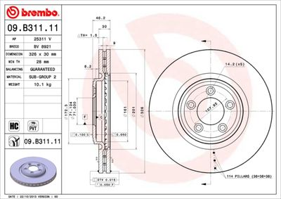 Тормозной диск BREMBO 09.B311.11 для JAGUAR XF