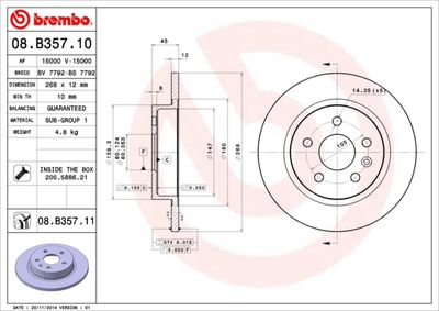 Тормозной диск BREMBO 08.B357.11 для CHEVROLET TRAX