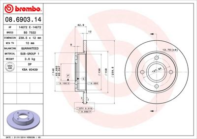 BREMBO 08.6903.14 Тормозные диски  для FORD KA (Форд Kа)