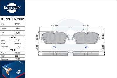 комплект спирачно феродо, дискови спирачки ROTINGER RT 2PD19239HP