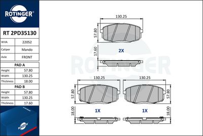 Zestaw klocków hamulcowych, hamulce tarczowe ROTINGER RT 2PD35130