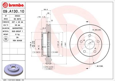 Тормозной диск BREMBO 09.A130.10 для TOYOTA HILUX