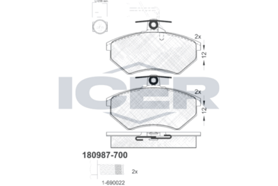 комплект спирачно феродо, дискови спирачки ICER 180987-700