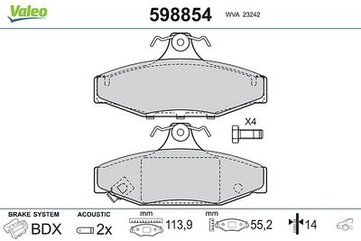 комплект спирачно феродо, дискови спирачки VALEO 598854