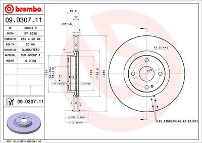 Тормозной диск BREMBO 09.D307.11 для FIAT 124