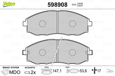 Комплект тормозных колодок, дисковый тормоз VALEO 598908 для HYUNDAI H100