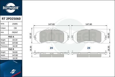 Zestaw klocków hamulcowych, hamulce tarczowe ROTINGER RT 2PD25060