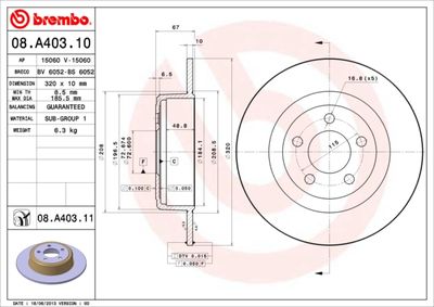 Тормозной диск BREMBO 08.A403.11 для DODGE CHALLENGER