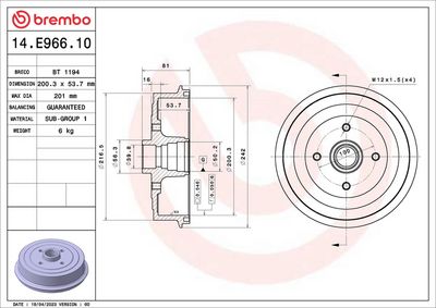 BREMSTROMMEL BREMBO 14E96610 1