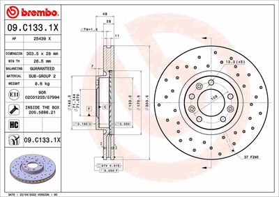 BREMBO 09.C133.1X Тормозные диски  для PEUGEOT PARTNER (Пежо Партнер)