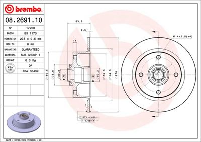 Тормозной диск BREMBO 08.2691.10 для VW KARMANN