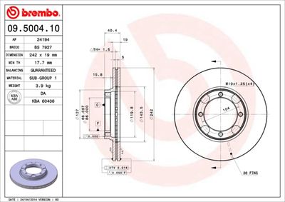 Тормозной диск BREMBO 09.5004.10 для HYUNDAI S COUPE