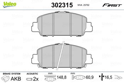 Комплект тормозных колодок, дисковый тормоз VALEO 302315 для HONDA HR-V