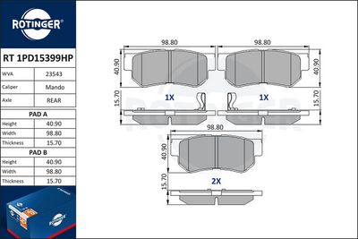 Zestaw klocków hamulcowych, hamulce tarczowe ROTINGER RT1PD15399HP