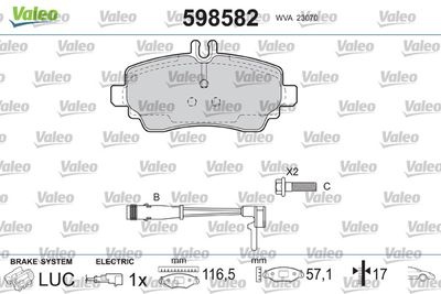 Комплект тормозных колодок, дисковый тормоз VALEO 598582 для MERCEDES-BENZ VANEO