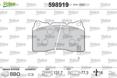 Комплект тормозных колодок, дисковый тормоз VALEO 598919 для DODGE VIPER