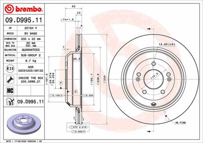 Тормозной диск BREMBO 09.D995.11 для KIA STINGER