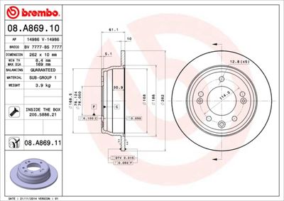 Тормозной диск BREMBO 08.A869.11 для HYUNDAI ix35