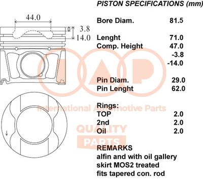 Поршень IAP QUALITY PARTS 100-14081 для JAGUAR S-TYPE