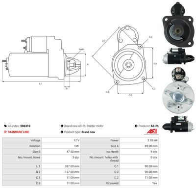 Startmotor AS-PL S0631S för CASE IH, CUMMINS