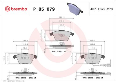 Sada brzdových destiček, kotoučová brzda BREMBO P 85 079