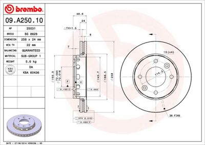 Тормозной диск BREMBO 09.A250.10 для KIA CLARUS