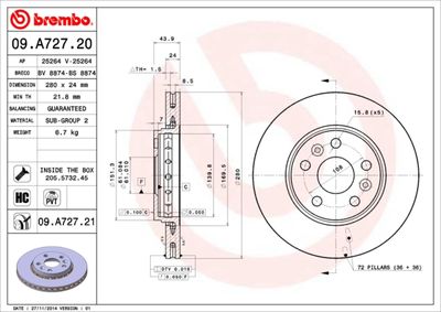 Тормозной диск BREMBO 09.A727.20 для NISSAN NV250
