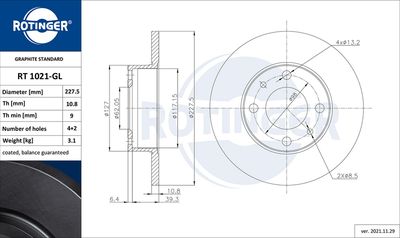 Тормозной диск ROTINGER RT 1021-GL для FIAT CAMPAGNOLA