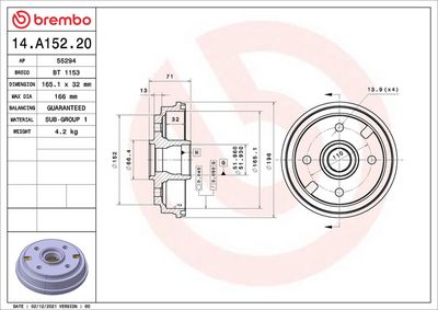 BREMSTROMMEL BREMBO 14A15220 1