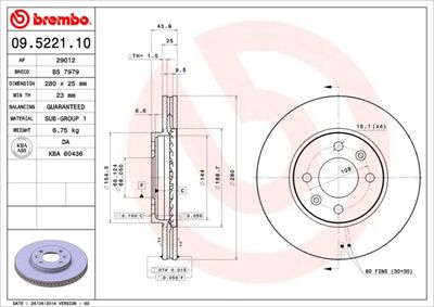 Тормозной диск BREMBO 09.5221.10 для SAAB 9000