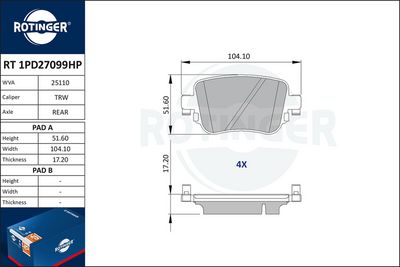 Zestaw klocków hamulcowych, hamulce tarczowe ROTINGER RT1PD27099HP